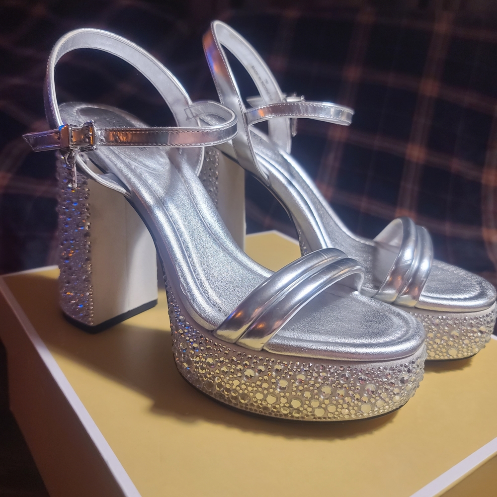 Michael Kors Silver Glitter Platform Sandals - Picture 2 of 5